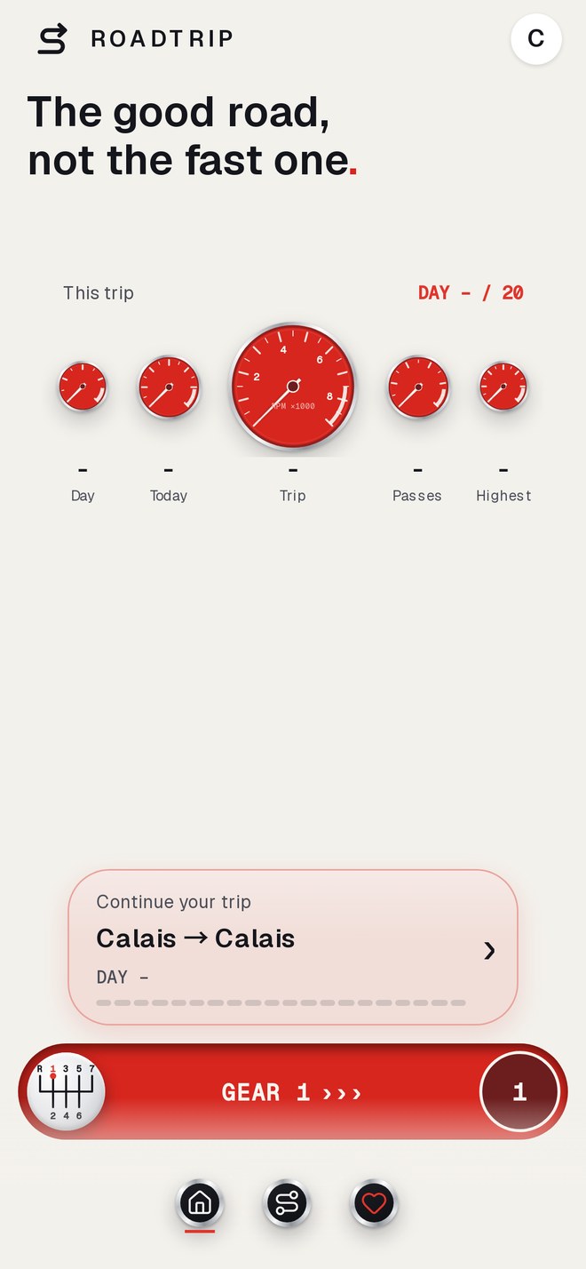 The home screen with red dashboard dials