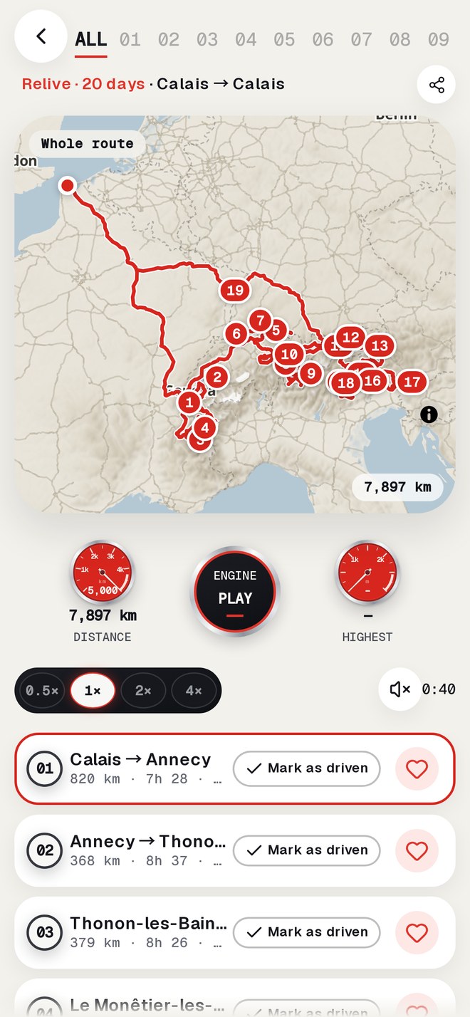 Route replay of a 20-day trip with red dials on a clear dashboard